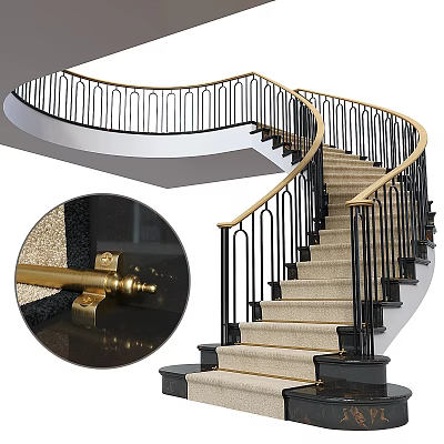 Elegant Curved Staircase Design With Black And Gold Railings And Beige Carpeted Steps 3d model