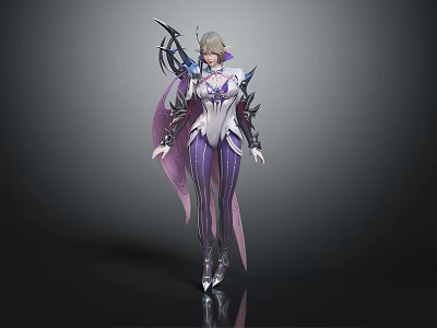 Elegant Fantasy Warrior Character With Purple White Armor And Mythical Creature Elements 3d model