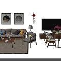 Modern Living Room Sofa And Coffee Table Set With Colorful Pillows Table Lamp Wall Art And TV