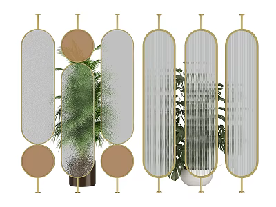 Elegant Modern Room Dividers With Golden Frames Glass Panels And Green Plants 3d model