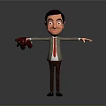 Cartoon Man Wearing Gray Suit Red Tie Open Arms Holding Brown Item On Gray Background