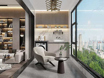 Modern Home Balcony With Large Windows City View Green Plants Comfortable Armchair And Side Table 3d model