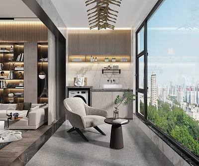 Modern Home Balcony With Large Windows City View Green Plants Comfortable Armchair And Side Table 3d model