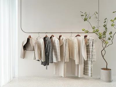 Minimalist Neutral Tones Clothes Hanging On Arched Frame With Green Plant 3d model