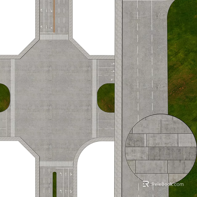 Municipal Road Intersection Design With Traffic Lanes Sidewalks Green Belts And Paved Surface 3d model 