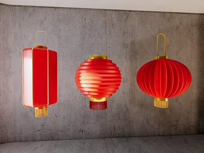 Red Lanterns with Square and Round Shapes Hanging on Gray Wall with Gold Accents 3d model