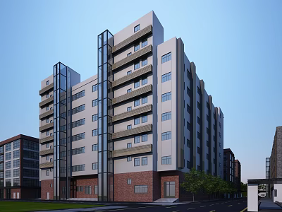 Modern Office Building Exterior With Glass Curtain Walls Brick Facade And Roadside Landscaping 3d model