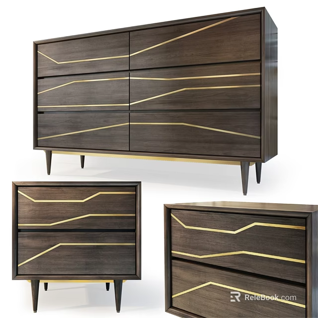 Modern Wooden Dresser Design With Dark Wood Gold Lines And Multiple Drawers 3d model 