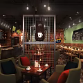 Warm Café Interior With Brick Wall Bookshelves Framed Paintings And Cozy Seating
