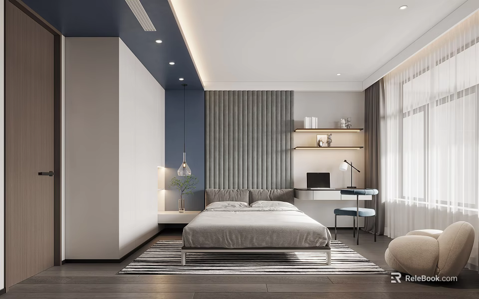 Modern Bedroom Interior With Blue Accent Wall Gray Bed Desk Bookshelf And Area Rug 3d model 