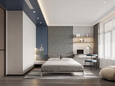 Modern Bedroom Interior With Blue Accent Wall Gray Bed Desk Bookshelf And Area Rug 3d model