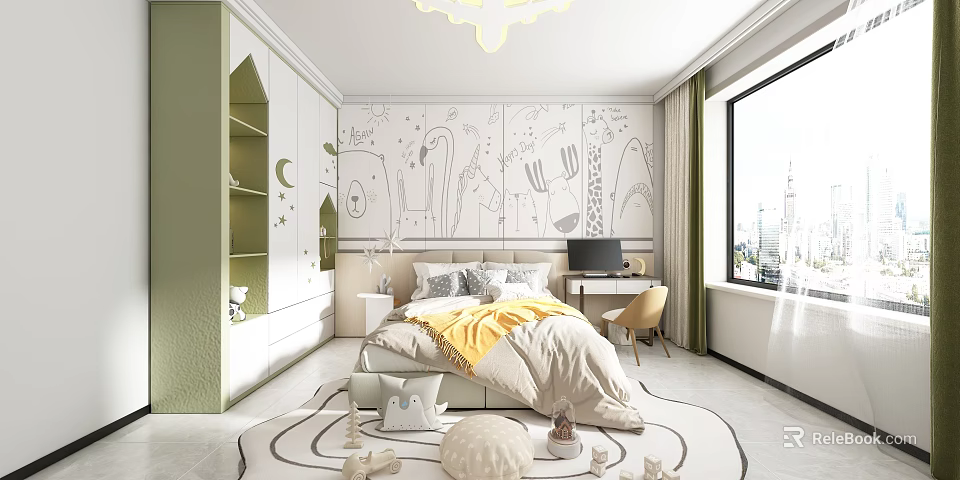 Kids Room Interior Featuring Hand Drawn Wall Art Green Storage Yellow Blanket And Desk Chair 3d model 