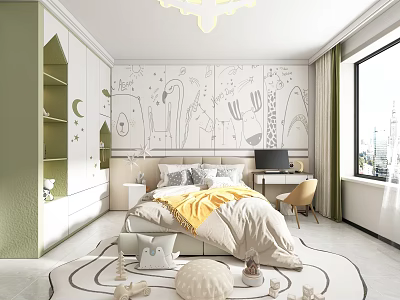 Kids Room Interior Featuring Hand Drawn Wall Art Green Storage Yellow Blanket And Desk Chair 3d model