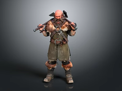Bald Bearded Man In Fur Armor Carrying Two Axes Warrior Character 3d model