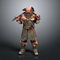 Bald Bearded Man In Fur Armor Carrying Two Axes Warrior Character