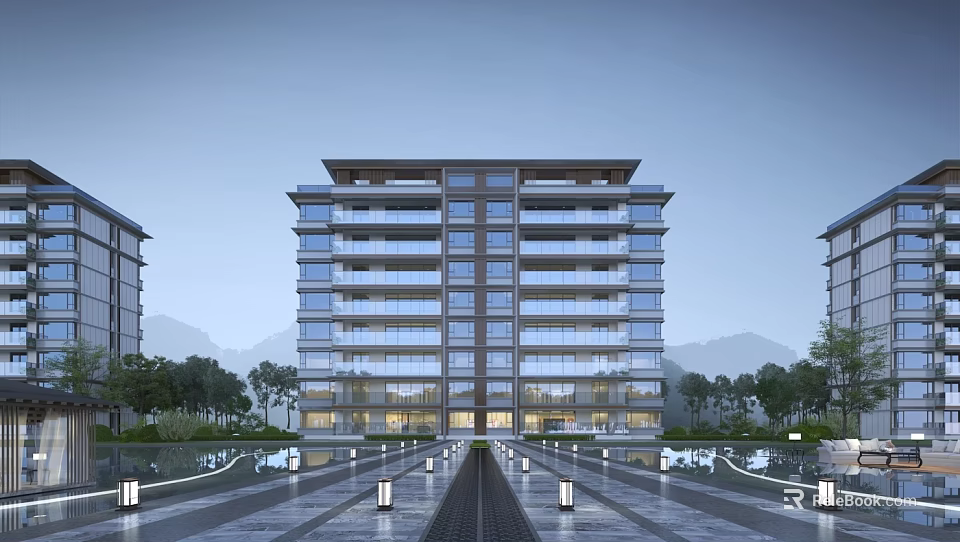 Modern High Rise Residential Building With Glass Curtain Walls Balconies And Landscaped Garden 3d model 