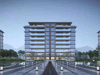 Modern High Rise Residential Building With Glass Curtain Walls Balconies And Landscaped Garden 3d model
