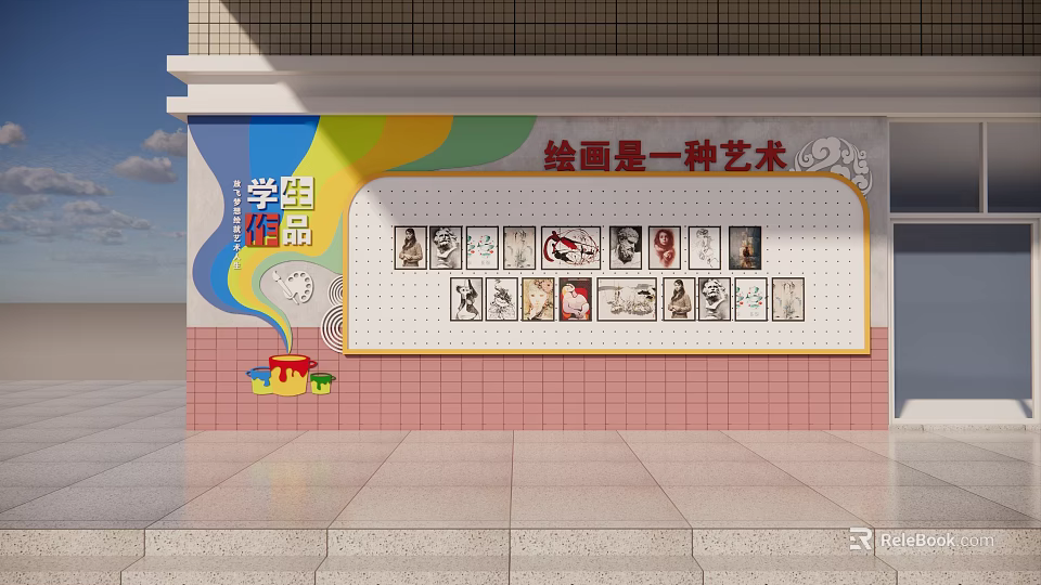 School Student Artwork Display On Colorful Wall With Creative Paintings 3d model
