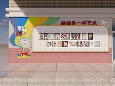 School Student Artwork Display On Colorful Wall With Creative Paintings 3d model