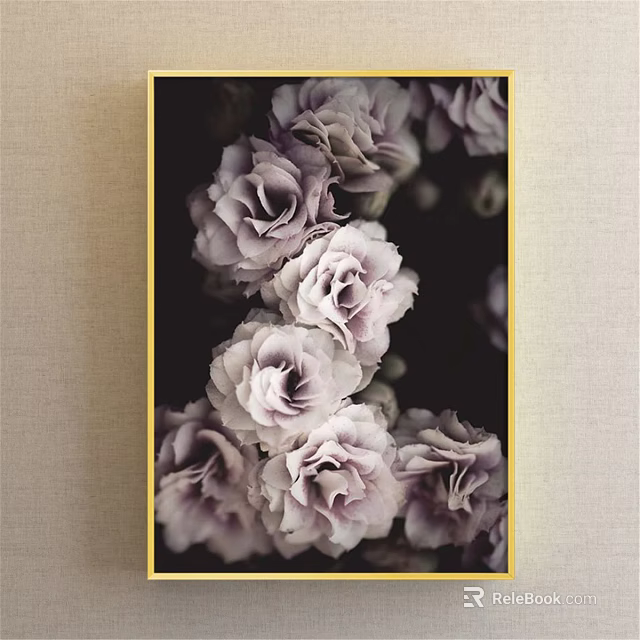 Botanical Painting of Purple and White Roses with Gold Frame on Beige Wall 3d model 