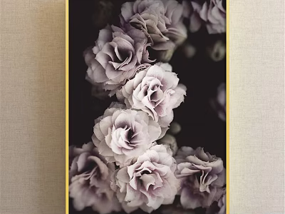 Botanical Painting of Purple and White Roses with Gold Frame on Beige Wall 3d model