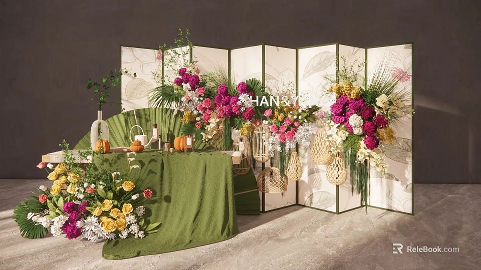 Elegant Floral Arrangement With Green Folding Screen And Wicker Decorations On Green Tablecloth 3d model 
