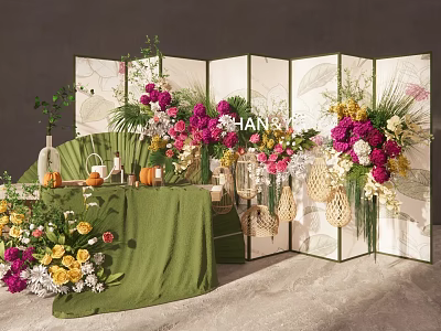 Elegant Floral Arrangement With Green Folding Screen And Wicker Decorations On Green Tablecloth 3d model