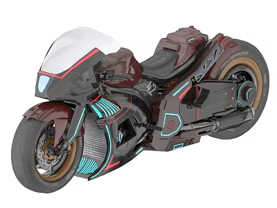 Futuristic Burgundy Motorcycle Featuring White Windshield Blue LED Strips Golden Rims And Sleek Modern Design 3d model