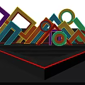 Stage Decorated with Colorful Geometric Shapes Black Background Red Line Decorations and Lighting Effects