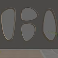 Irregular Shaped Wooden Framed Mirrors Mounted on Wall With White Spherical Decor And Green Plant