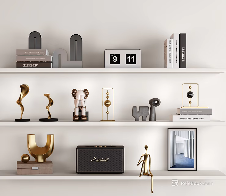 Modern Decorative Ornaments Set On White Shelf With Sculptures Books And Clock 3d model 