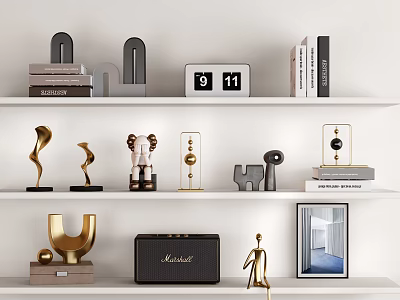 Modern Decorative Ornaments Set On White Shelf With Sculptures Books And Clock 3d model