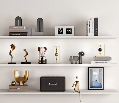 Modern Decorative Ornaments Set On White Shelf With Sculptures Books And Clock 3d model