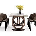 Stylish Dining Table Set With Marble Tabletop Circular Ring Base Yellow Flowers And Chairs 3d model