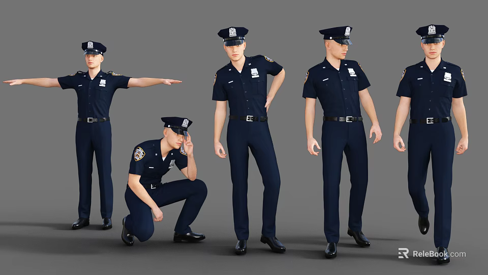 Policeman In Dark Blue Uniform Showing Multiple Standing Kneeling And Walking Poses 3d model 