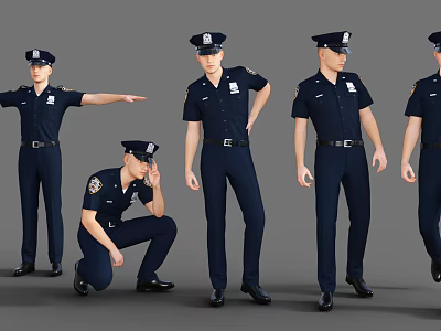 Policeman In Dark Blue Uniform Showing Multiple Standing Kneeling And Walking Poses 3d model