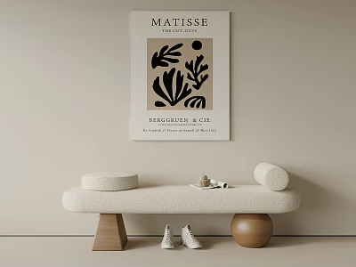 Minimalist Interior Beige Wooden Legs Bench With Round Cushions And Matisse Poster 3d model