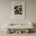 Minimalist Interior Beige Wooden Legs Bench With Round Cushions And Matisse Poster