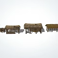 Traditional Rustic Wooden Buildings With Thatched Roofs And Cross In Village Scene