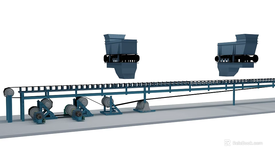 Industrial Conveyor System With Blue Hoppers And Roller Support Structure 3d model 