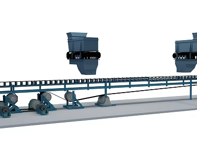 Industrial Conveyor System With Blue Hoppers And Roller Support Structure 3d model