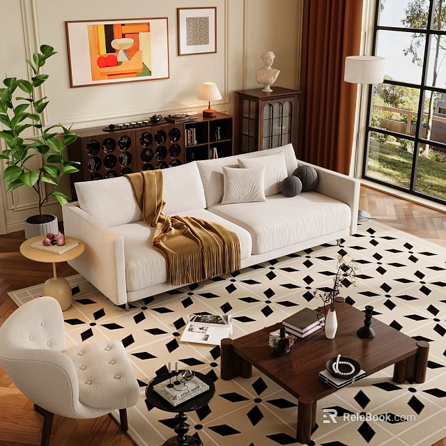 Modern Living Room Cream Sofa Coffee Table Set With Pillows Brown Throw Blanket And Geometric Rug 3d model 