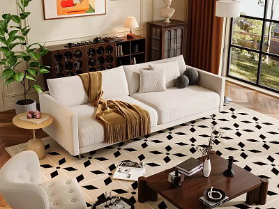 Modern Living Room Cream Sofa Coffee Table Set With Pillows Brown Throw Blanket And Geometric Rug 3d model