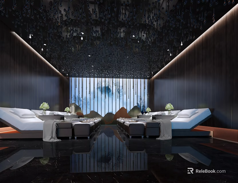 Luxurious SPA Sauna Interior With Massage Beds Wooden Walls And Pendant Lights 3d model 