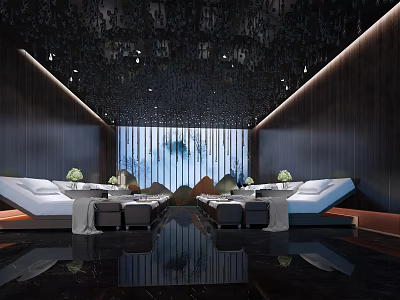 Luxurious SPA Sauna Interior With Massage Beds Wooden Walls And Pendant Lights 3d model