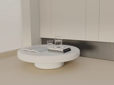 White Round Coffee Table With Open Book Book Stack Glasses White Cabinets And Window Blinds 3d model