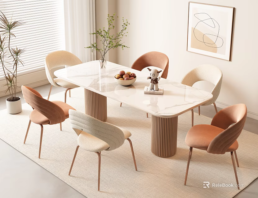 Modern Dining Table Set With Marble Top Wooden Legs And Beige Brown Upholstered Chairs 3d model 