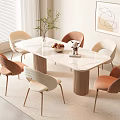Modern Dining Table Set With Marble Top Wooden Legs And Beige Brown Upholstered Chairs