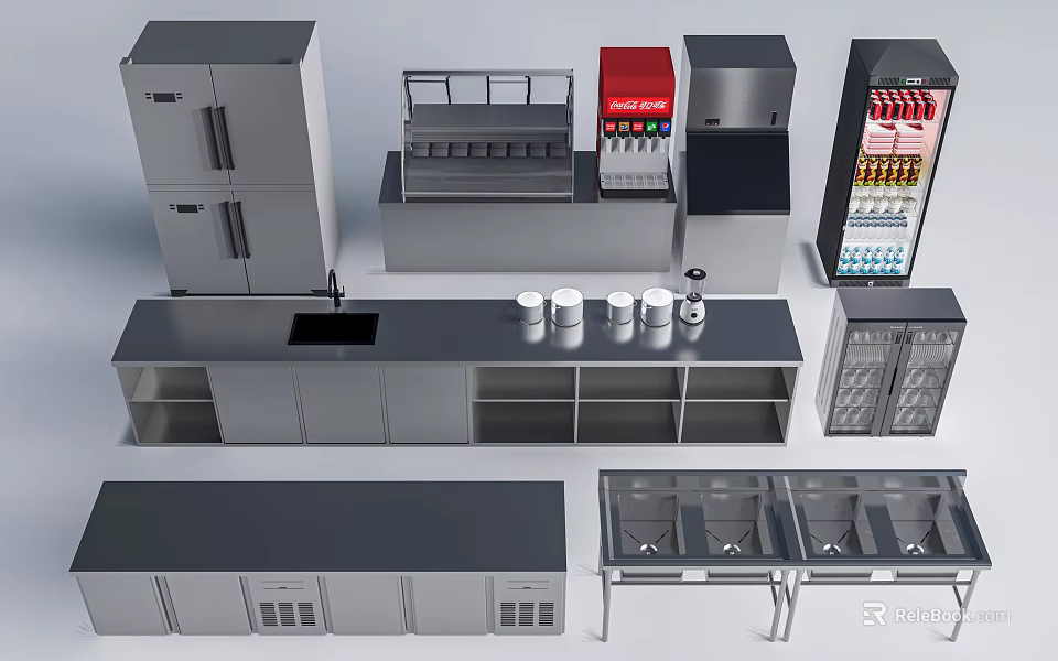 Kitchen Utensils and Equipment Including Double Door Refrigerator Counter with Faucet and Storage Cabinets 3d model 