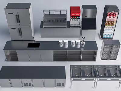 Kitchen Utensils and Equipment Including Double Door Refrigerator Counter with Faucet and Storage Cabinets 3d model